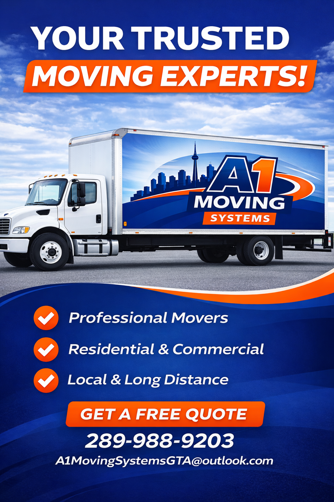 A1 Moving Systems advertisement: Your Trusted Moving Experts with a list of services including professional movers, moving labour, residential and commercial relocations, and local & long‑distance moves.