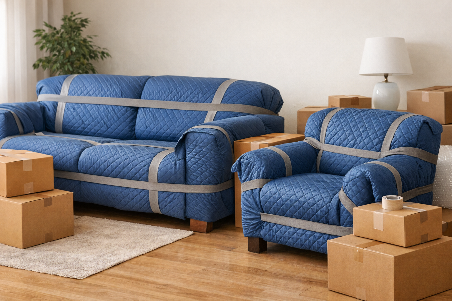 Furniture wrapped in moving blankets